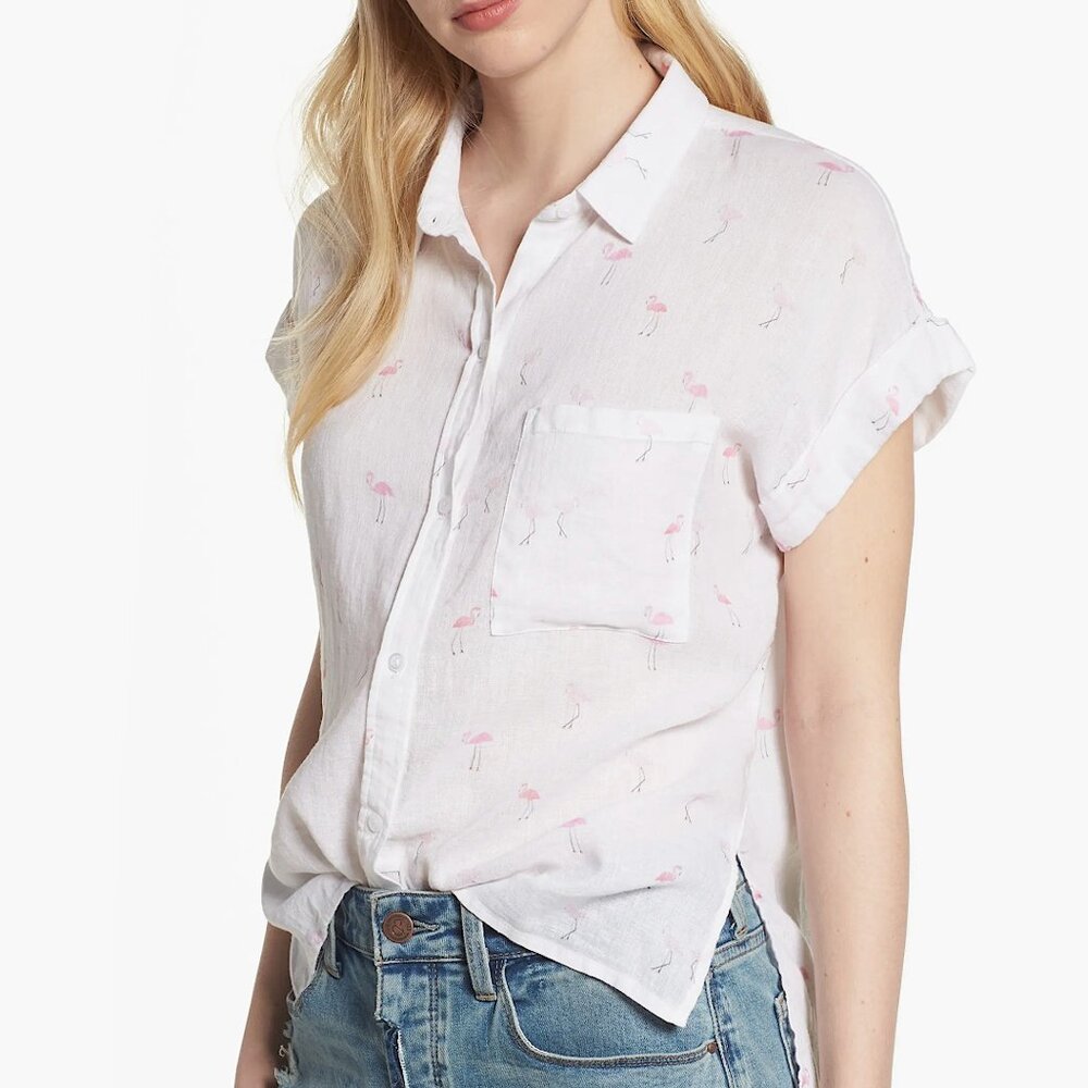 RAILS “Whitney” Flamingo Print Linen Blend Shirt – White (Size S) – NWT 🦩